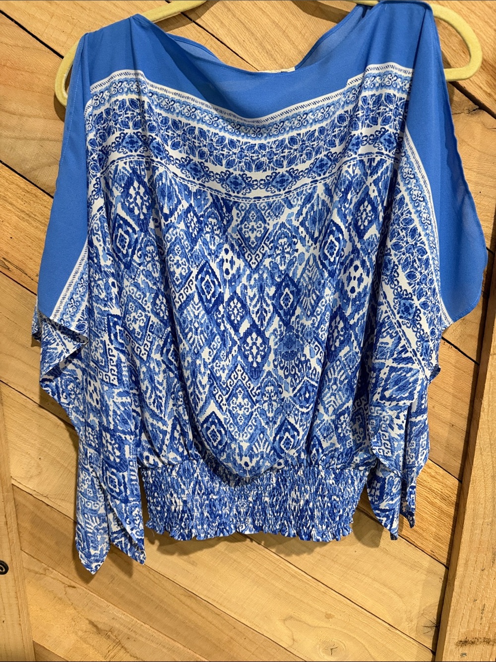 Blue Printed Women's Blouse - Lightweight Boho Top open shoulder